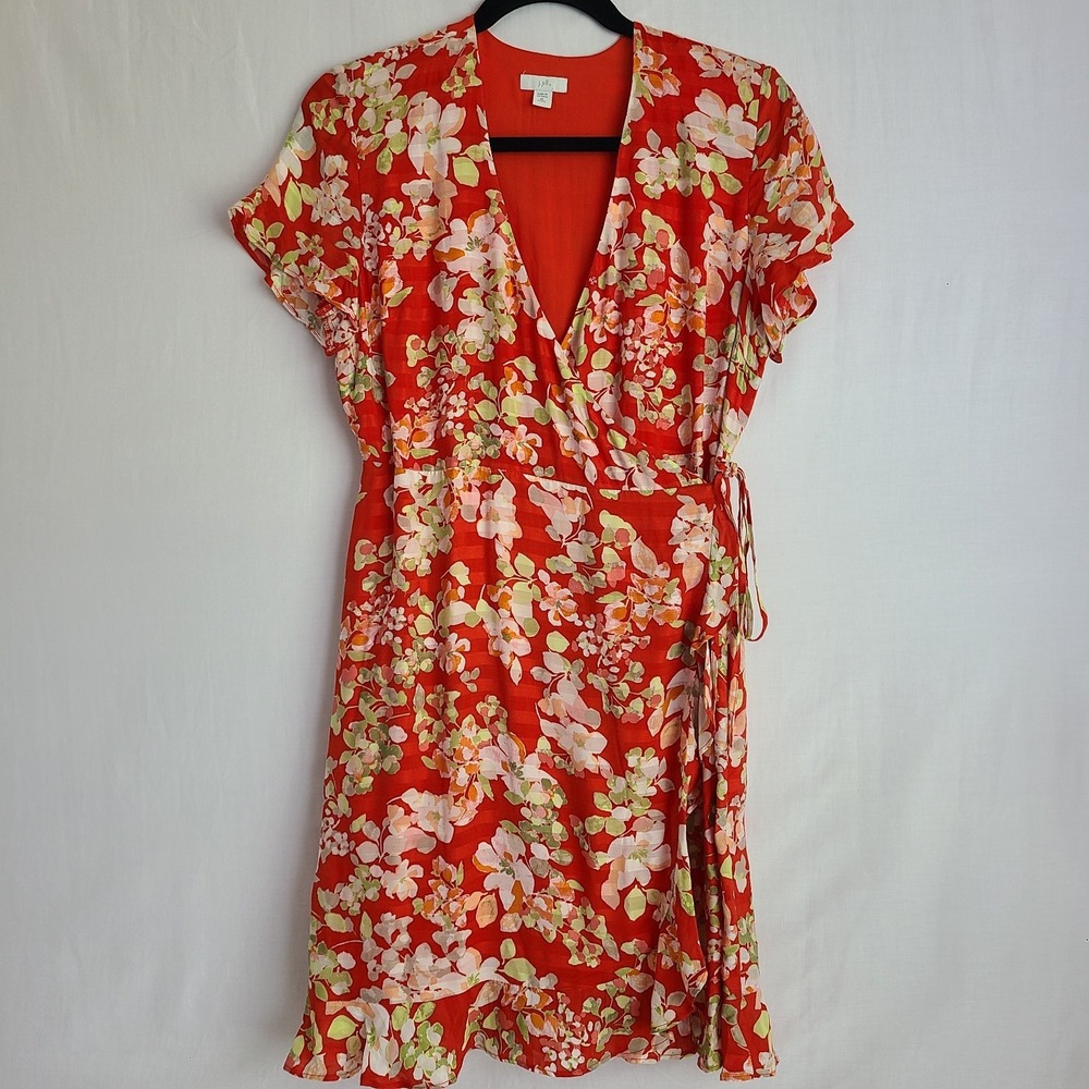 J. Jill Dress Women XS‎ Petite Orange Floral Ruffle Wrap Cottage Spring Easter